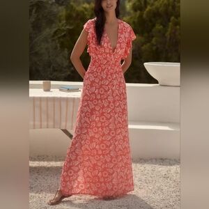 Anthropologie Tiare Hawaii Dahlia V Neck Floral Maxi Dress Red